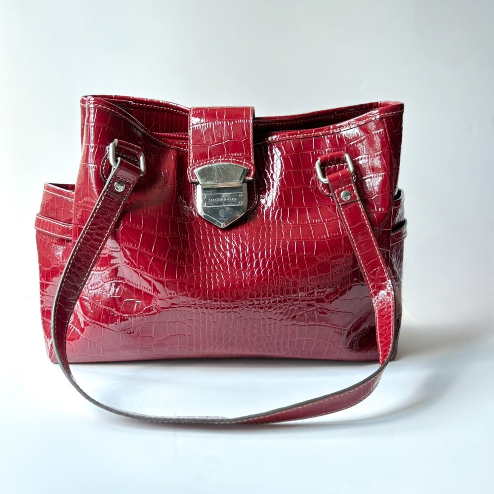 90s Style Liz Claiborne Red Alligator Embossed Vegan Leather Shoulder Tote Bag‎